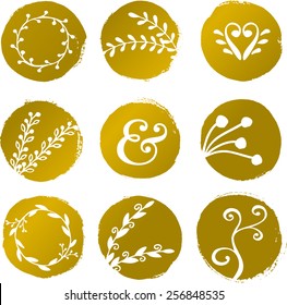 A set of 9 hand drawn golden circles with floral decorative elements isolated on white.