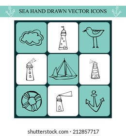 Set of 9 hand drawn nautical Icons -  collection in vector. Marine seagulls. Lighthouse