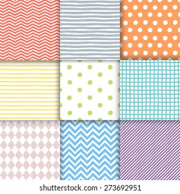 Set of 9 hand drawn painted geometric seamless patterns. Template for your design. Vector illustration