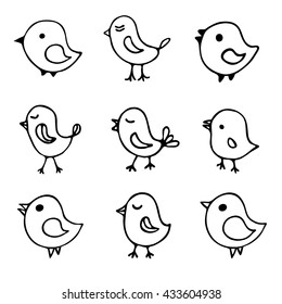 Set of 9 hand drawn sketch cartoon birds 