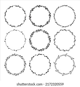 Set of 9 hand drawn spring wreaths isolated on white background, vector. Outline and silhouette frames with leaves. Doodle style.Collection of floral monogram frames.