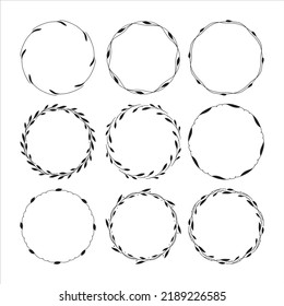 Set of 9 hand drawn spring wreaths isolated on white background, vector. Outline and silhouette frames with leaves. Doodle style.Collection of floral monogram frames.