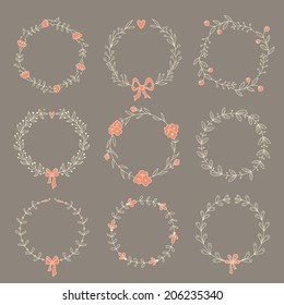 Set of 9 hand drawn wreaths. EPS 10. No transparency. No gradients.