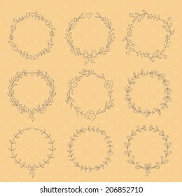 Set of 9 hand drawn wreaths. EPS 10. No transparency. No gradients.