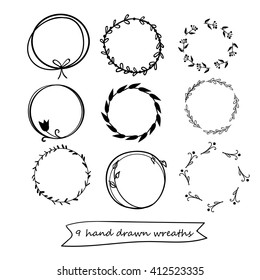 set of 9 hand drawn wreaths. hand drawn floral frames, vector design elements