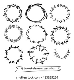 set of 9 hand drawn wreaths. hand drawn floral frames, vector design elements