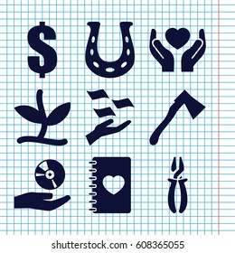 Set of 9 hand filled icons such as money on hand, pliers, axe, hands holding heart, notebook with heart, CD on hand, plant, horseshoe
