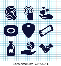 Set of 9 hand filled icons such as milk can, soap, hand holding heart, touchscreen, guitar mediator, cd on hand, handshake, finger print