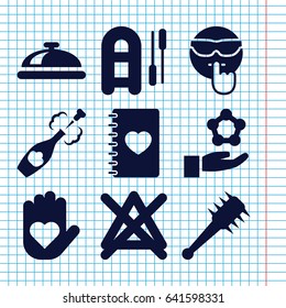 Set of 9 hand filled icons such as dish, no bleaching, cool emot, notebook with heart, champagne, mace, atom in hand, inflatable boat