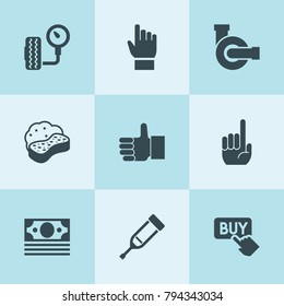 Set of 9 hand filled icons such as water pump, tire pressure, sponge, finger up, thumbs up, buy button, money, injection