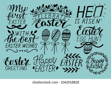 Set of 9 hand lettering quotes about Easter. He is risen. Egg hunt. Celebrate. Poster. Congratulations. Card. Banner Greeting