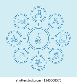 Set of 9 hand outline icons such as harvest, hand holding money, pliers, pick, pressing the button, atm and hand with coin, blood, boxing glove