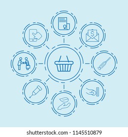 Set of 9 hand outline icons such as leaf in hand, businessman handshake, sertificate, screwdriver, phone, money transfer, atm and hand with coin, injection