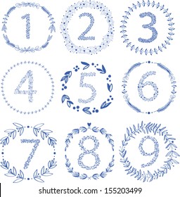 Set of 9 hand-draw vector victory laurel wreaths and floral numbers for wedding, stationary, branding or table number. Easy to change colors.