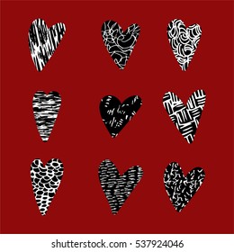 a set of 9 hand-drawn isolated  hearts in a scribble, doodle, rust or chalk style; vector design elements; textured style