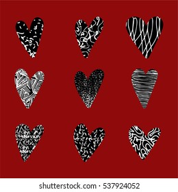 a set of 9 hand-drawn isolated  hearts in a scribble, doodle, rust or chalk style; vector design elements; textured style