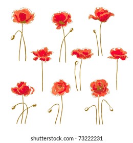 Set of 9 hand-drawn poppy flower, isolated on white background