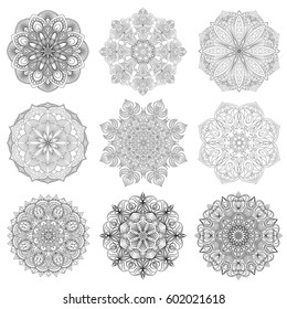 Set of 9 hand-drawn vector Arabic mandala on white background. Ethnic decorative ornament. Contour mandala symbols for coloring page. Round abstract oriental ornament for art-theraphy. 
