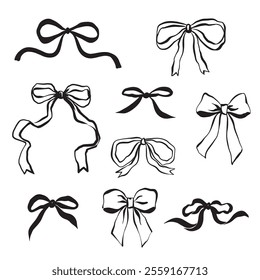 A set of 9 hand-drawn vector illustrations with bows and elegant frames in trendy 2025 line art style. Perfect for invitations, posters, branding, social media, and decorative design.