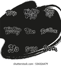 Set of 9 Hand-drawn Words (rap, hip-hop party, thug life, hip-hop hooray, bro, sista, beatbox, yo, swag). Hand-lettering tag.