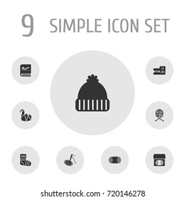 Set Of 9 Handmade Icons Set.Collection Of Knitted Hat, Hosiery, Wool And Other Elements.