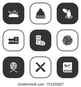 Set Of 9 Handmade Icons Set.Collection Of Hosiery, Knitting, Tailor Copybook And Other Elements.