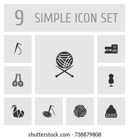 Set Of 9 Handmade Icons Set.Collection Of Knitting Machine, Knitted Hat, Sewing And Other Elements.