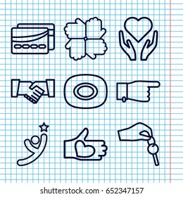 Set of 9 hands outline icons such as soap, pointing, hand with heart, hand with key, card, handshake, winner