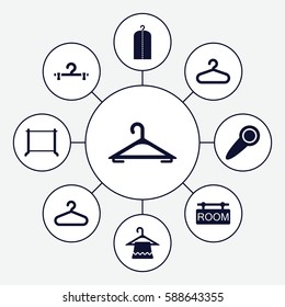 Set of 9 hanger filled icons such as hanger, clothes on hanger, room tag