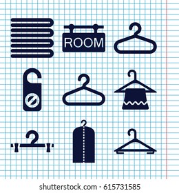 Set of 9 hanger filled icons such as towels, hanger, do not disturb, clothes on hanger