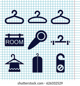 Set of 9 hanger filled icons such as hanger, do not disturb, clothes on hanger, room tag