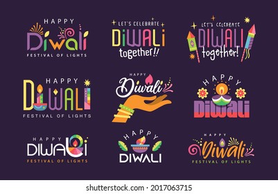 Set of 9 Happy Diwali colorful festive typography design.