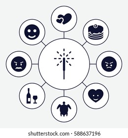 Set of 9 happy filled icons such as angry emot, cake, heart face, heart, sparkler, turtle  illsutration, wine glass and bottle