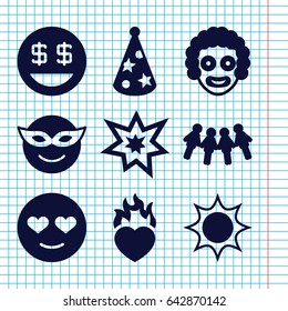 Set of 9 happy filled icons such as emoji in mask, emot in love, dollar smiley, heart in fire, fireworks, party hat, clown, children