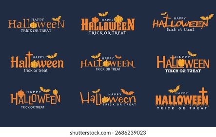 Set of 9 happy Halloween text vector illustration.