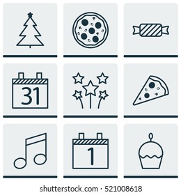 Set Of 9 Happy New Year Icons. Can Be Used For Web, Mobile, UI And Infographic Design. Includes Elements Such As Month, Candy, Agenda And More.