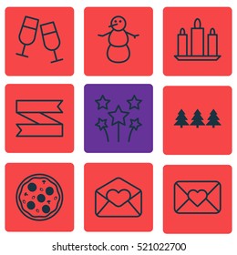 Set Of 9 Happy New Year Icons. Can Be Used For Web, Mobile, UI And Infographic Design. Includes Elements Such As Christmas, Festive, Xmas And More.