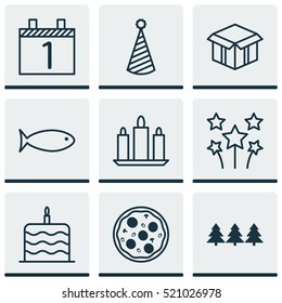 Set Of 9 Happy New Year Icons. Can Be Used For Web, Mobile, UI And Infographic Design. Includes Elements Such As Wax, Flame, Party And More.