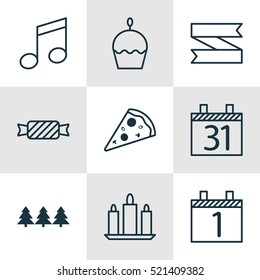 Set Of 9 Happy New Year Icons. Can Be Used For Web, Mobile, UI And Infographic Design. Includes Elements Such As Cupcake, Music, Tree And More.