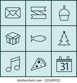 Set Of 9 Happy New Year Icons. Can Be Used For Web, Mobile, UI And Infographic Design. Includes Elements Such As Cake, Christmas, Muffin And More.