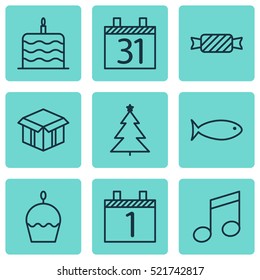 Set Of 9 Happy New Year Icons. Can Be Used For Web, Mobile, UI And Infographic Design. Includes Elements Such As Fish, Aquatic, Calendar And More.