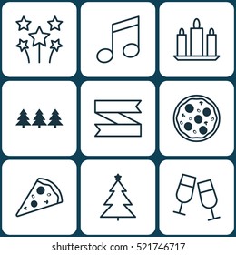 Set Of 9 Happy New Year Icons. Can Be Used For Web, Mobile, UI And Infographic Design. Includes Elements Such As Glasses, Slice, Tree And More.