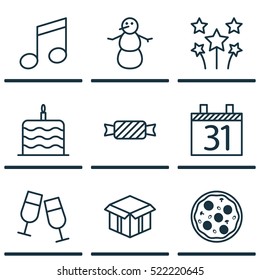 Set Of 9 Happy New Year Icons. Can Be Used For Web, Mobile, UI And Infographic Design. Includes Elements Such As Celebrate, Christmas, Clink And More.