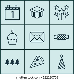 Set Of 9 Happy New Year Icons. Can Be Used For Web, Mobile, UI And Infographic Design. Includes Elements Such As Festive, Envelope, Box And More.