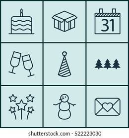 Set Of 9 Happy New Year Icons. Can Be Used For Web, Mobile, UI And Infographic Design. Includes Elements Such As Firework, Celebrate, Glasses And More.