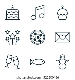 Set Of 9 Happy New Year Icons. Can Be Used For Web, Mobile, UI And Infographic Design. Includes Elements Such As Glasses, Birthday, Cake And More.