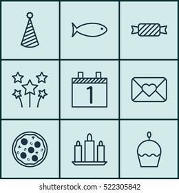 Set Of 9 Happy New Year Icons. Can Be Used For Web, Mobile, UI And Infographic Design. Includes Elements Such As Sweet, Party, Cake And More.