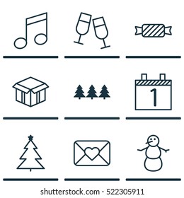 Set Of 9 Happy New Year Icons. Can Be Used For Web, Mobile, UI And Infographic Design. Includes Elements Such As Snowman, Celebrating, Caramel And More.