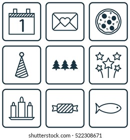 Set Of 9 Happy New Year Icons. Can Be Used For Web, Mobile, UI And Infographic Design. Includes Elements Such As Birthday, Xmas, Envelope And More.
