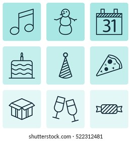 Set Of 9 Happy New Year Icons. Can Be Used For Web, Mobile, UI And Infographic Design. Includes Elements Such As Pizza, Slice, Glasses And More.